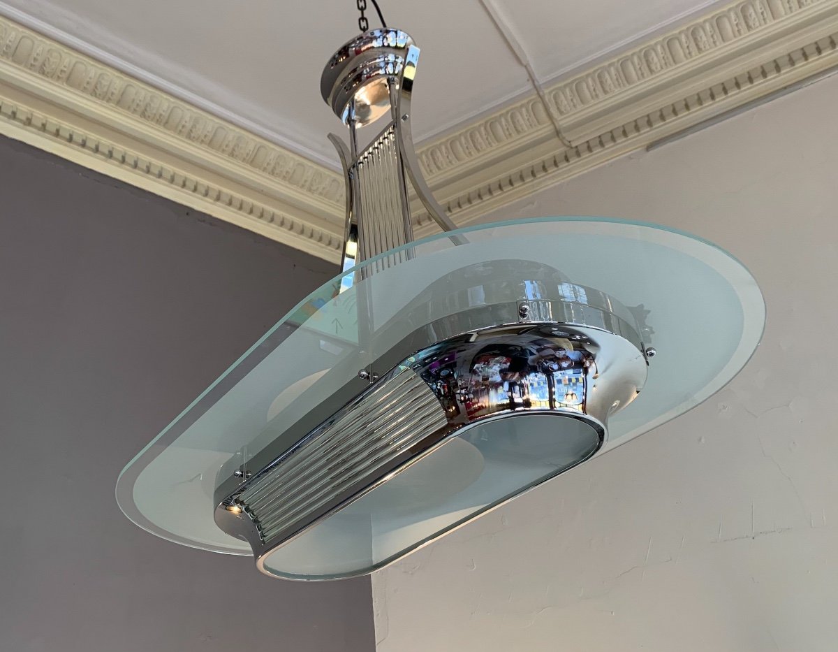 Magnifique Lustre Art Déco Petitot Modèle Lyre à Baguettes De Verre ( Lustres Art Deco 1930 ) -photo-8