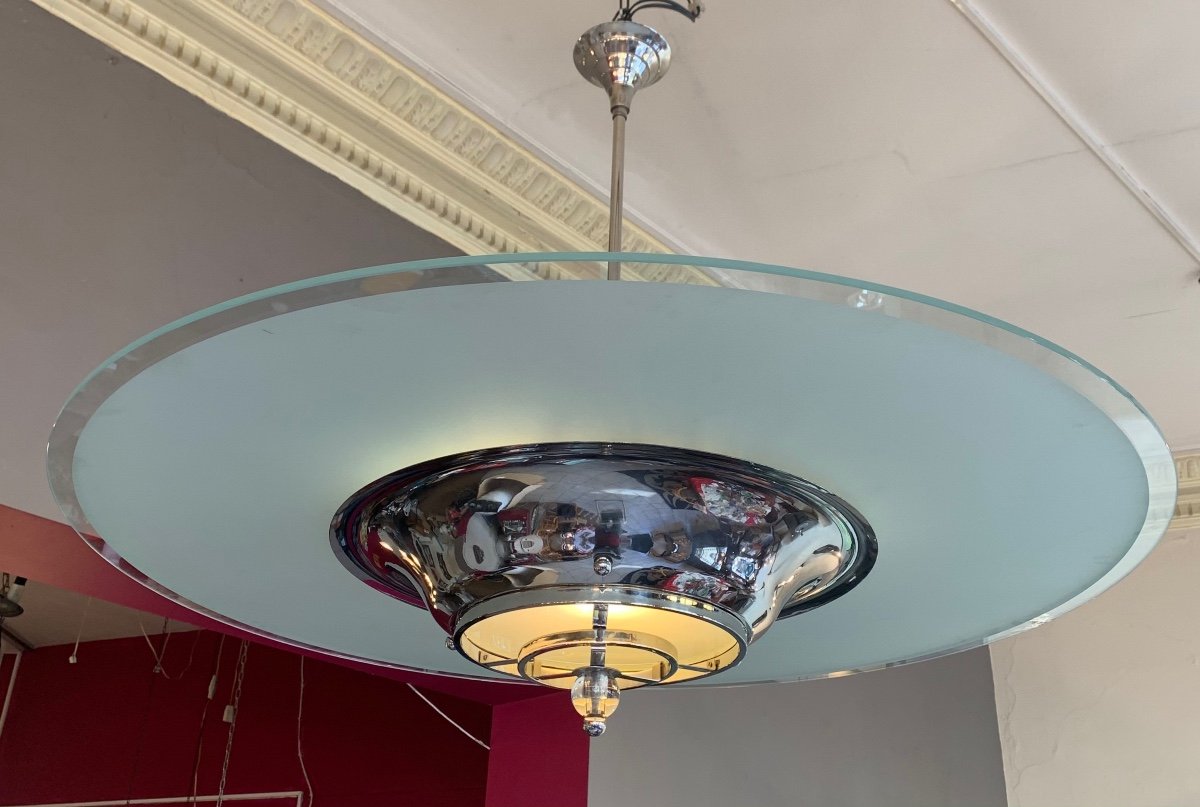 Important Lustre Art Déco Moderniste à Disque De Verre Sablé ( Lustres Art Deco 1930 ) -photo-4