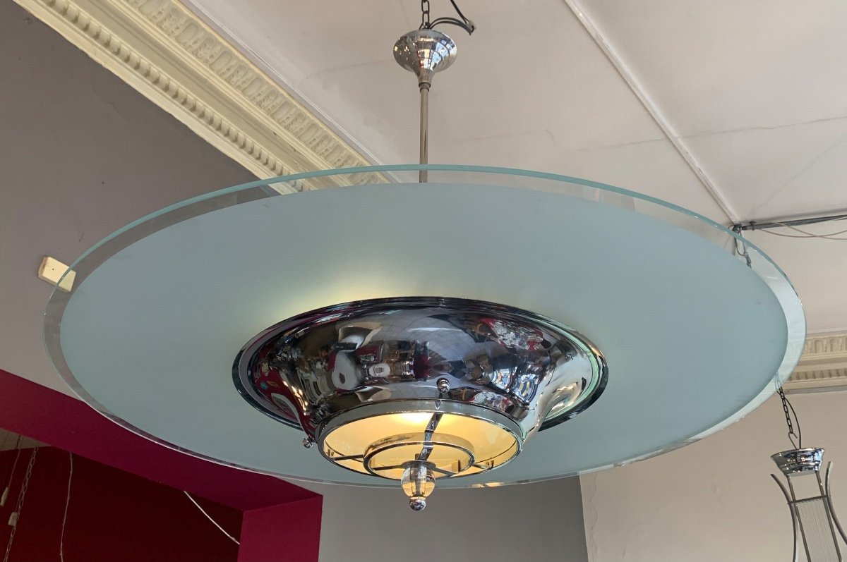 Important Lustre Art Déco Moderniste à Disque De Verre Sablé ( Lustres Art Deco 1930 ) 