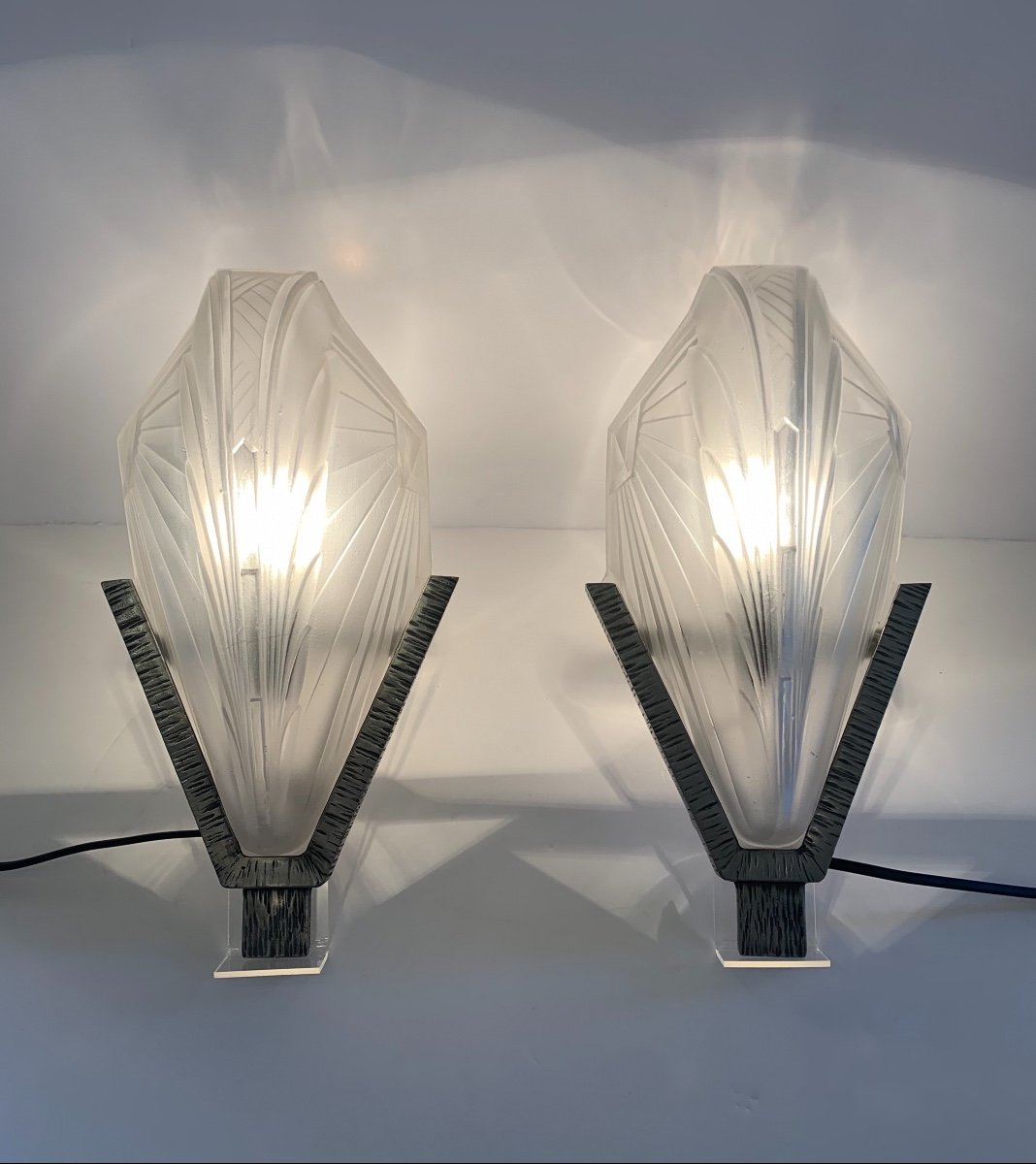 Superbe Paire D’appliques Art Déco Signée EJG { Jean Gauthier } ( Applique Art Deco 1930 )  -photo-2