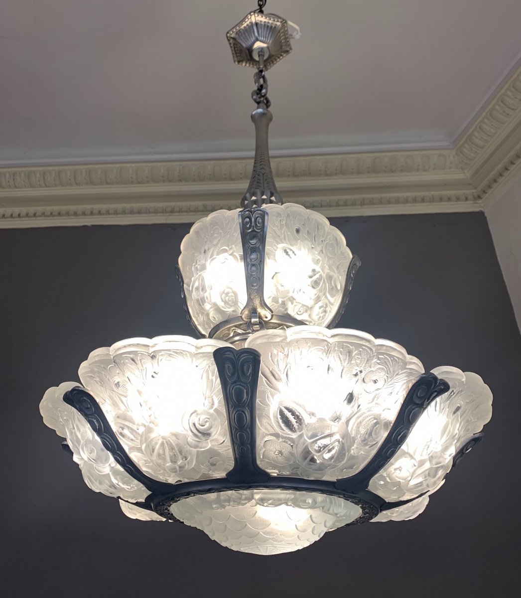 Extraordinaire Lustre Art Déco Verreries Belges à Deux étages (attribué VSL){lustres Art Deco}-photo-2