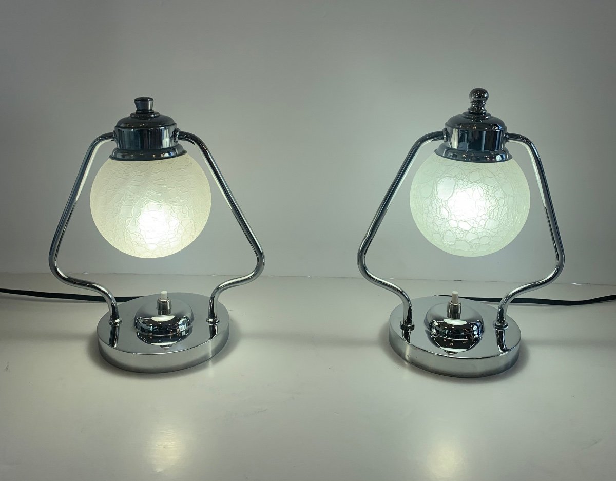 Modernist Art Deco Lamp { Pair Available! } With Cracked Glass Ball  (art Deco Lamps 1930)-photo-3