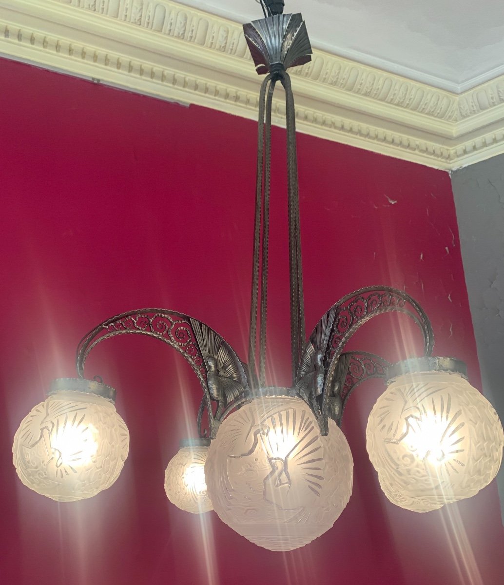 Important Art Deco Chandelier Müller Frères "peacock Balls" Signed (art Deco Chandeliers 1930)-photo-2