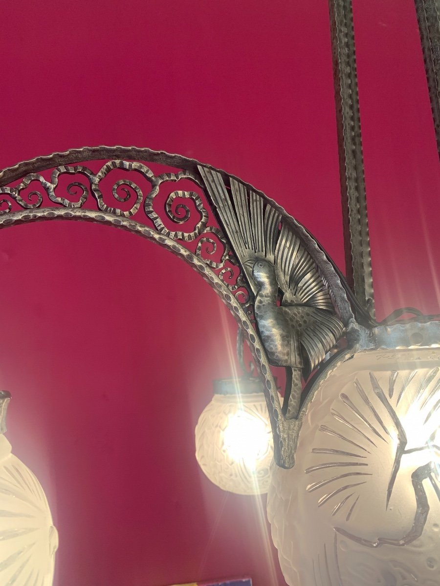 Important Art Deco Chandelier Müller Frères "peacock Balls" Signed (art Deco Chandeliers 1930)-photo-3