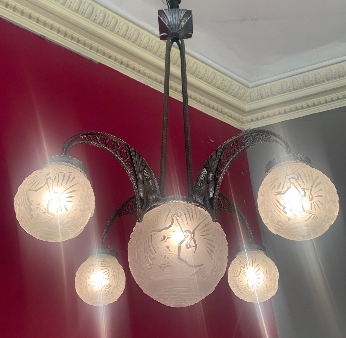 Important Art Deco Chandelier Müller Frères "peacock Balls" Signed (art Deco Chandeliers 1930)