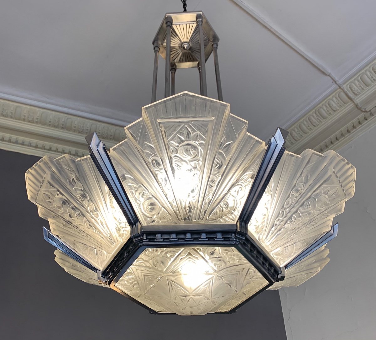 Exceptionnel Lustre Art Déco Hettier-vincent Et  Hanots Signé  ( Lustres Art Deco 1930 )  -photo-2