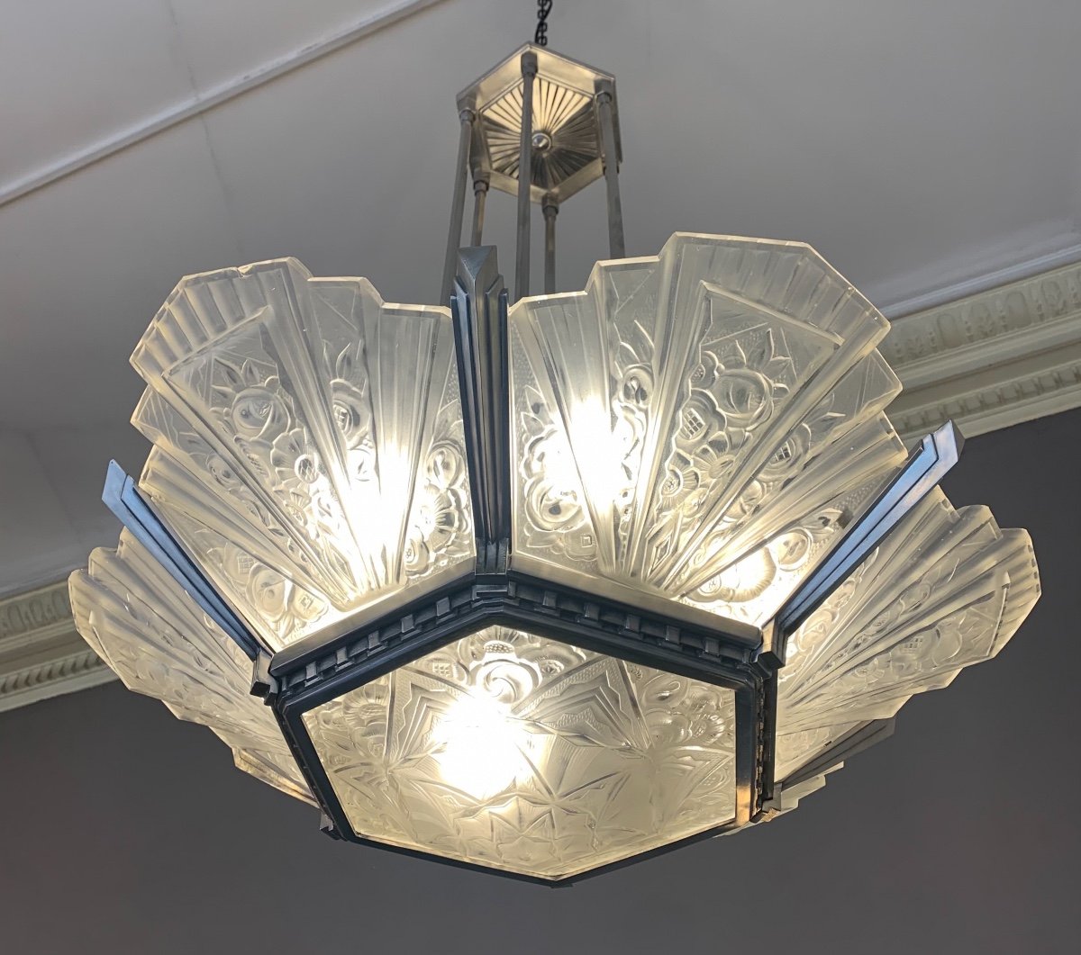Exceptionnel Lustre Art Déco Hettier-vincent Et  Hanots Signé  ( Lustres Art Deco 1930 )  -photo-1