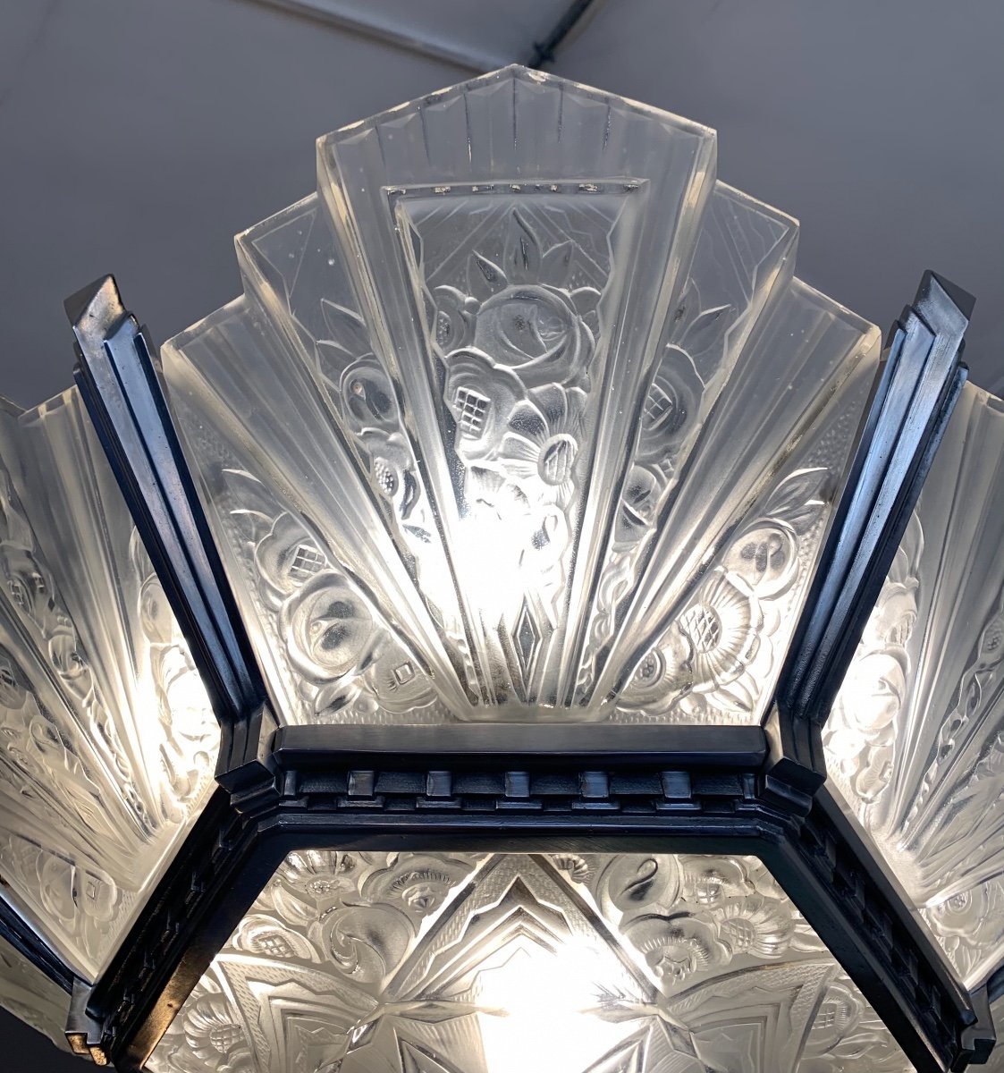 Exceptionnel Lustre Art Déco Hettier-vincent Et  Hanots Signé  ( Lustres Art Deco 1930 )  -photo-3