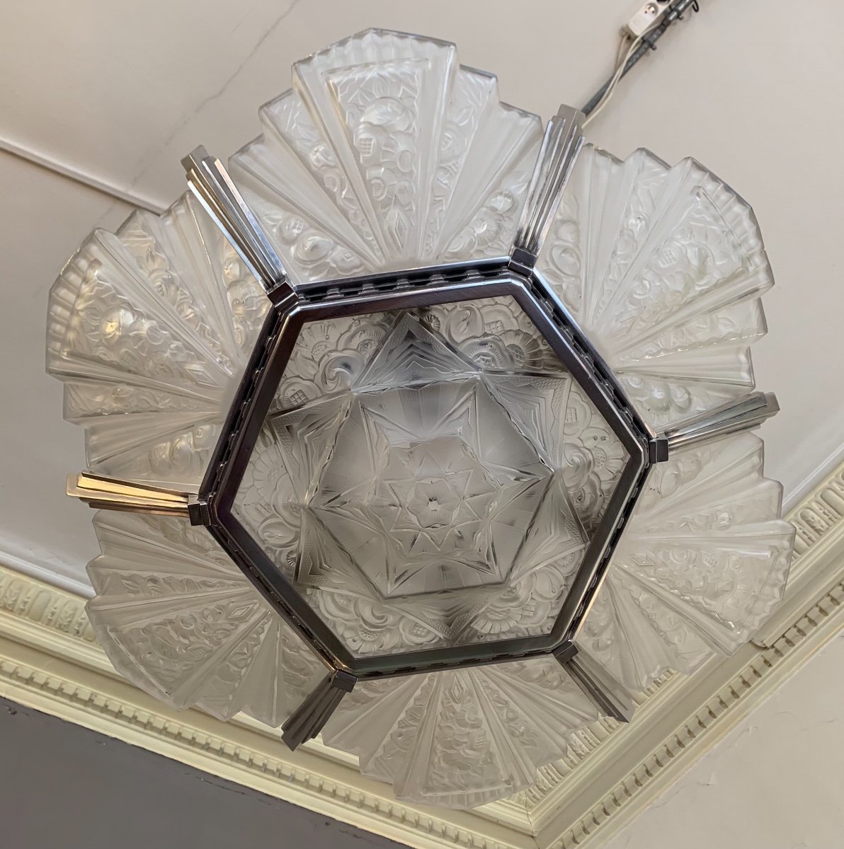 Exceptionnel Lustre Art Déco Hettier-vincent Et  Hanots Signé  ( Lustres Art Deco 1930 )  -photo-5