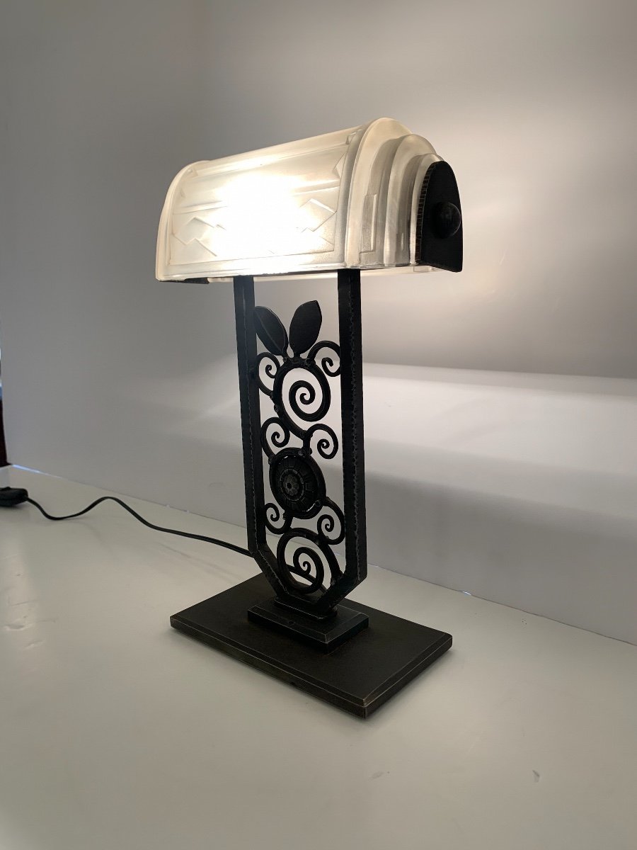 Rare Art Deco Wrought Iron Lamp Signed Ejg (art Deco Lamps 1930)-photo-2