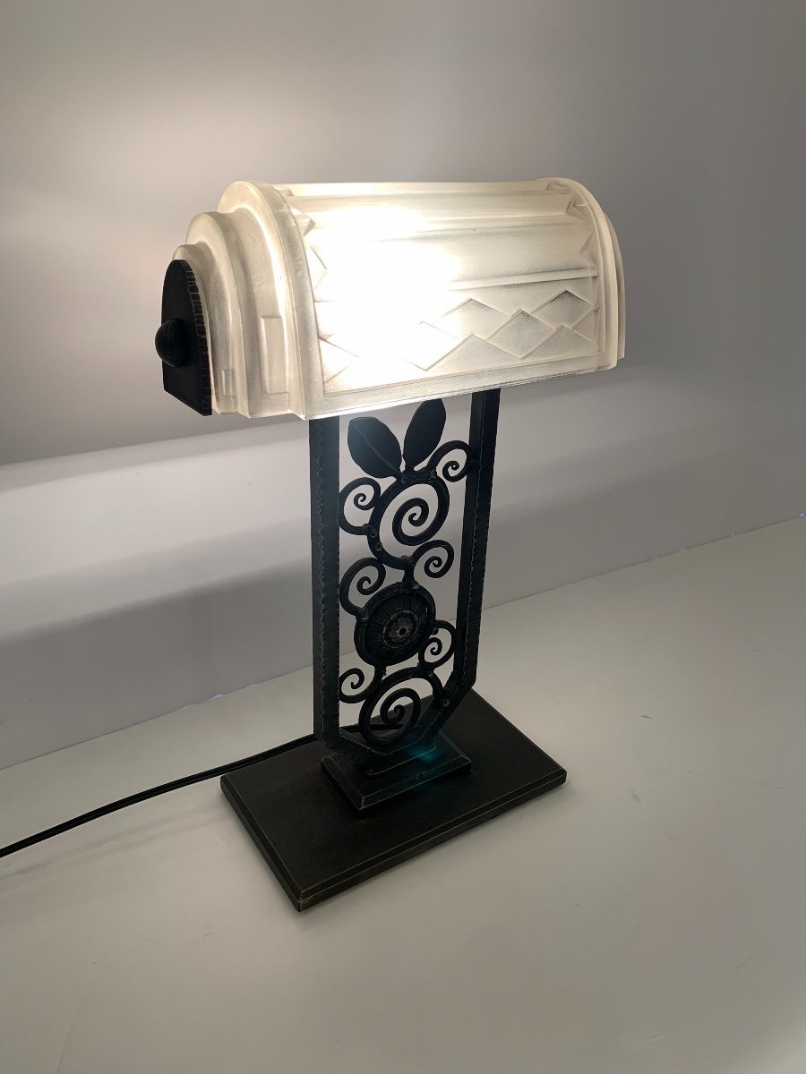 Rare Art Deco Wrought Iron Lamp Signed Ejg (art Deco Lamps 1930)-photo-3