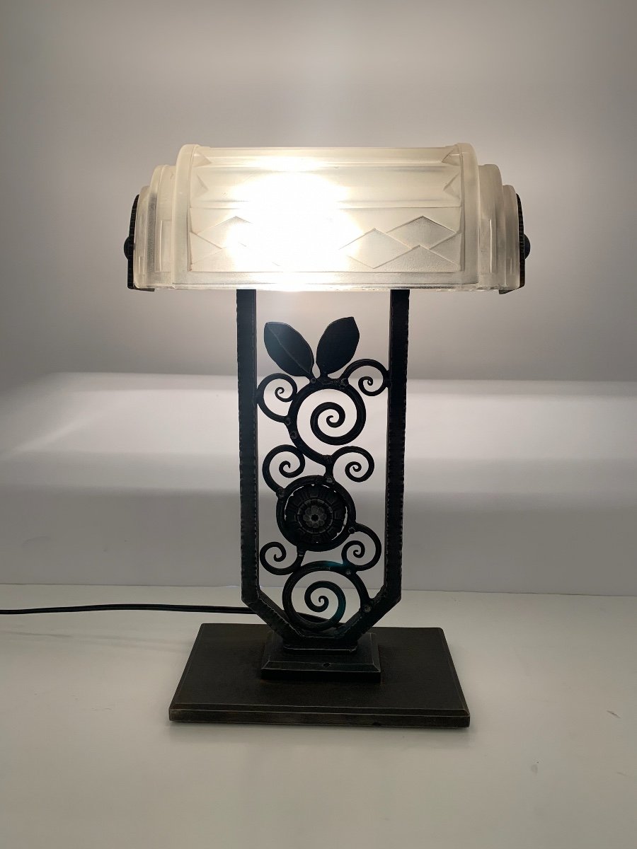 Rare Art Deco Wrought Iron Lamp Signed Ejg (art Deco Lamps 1930)-photo-4