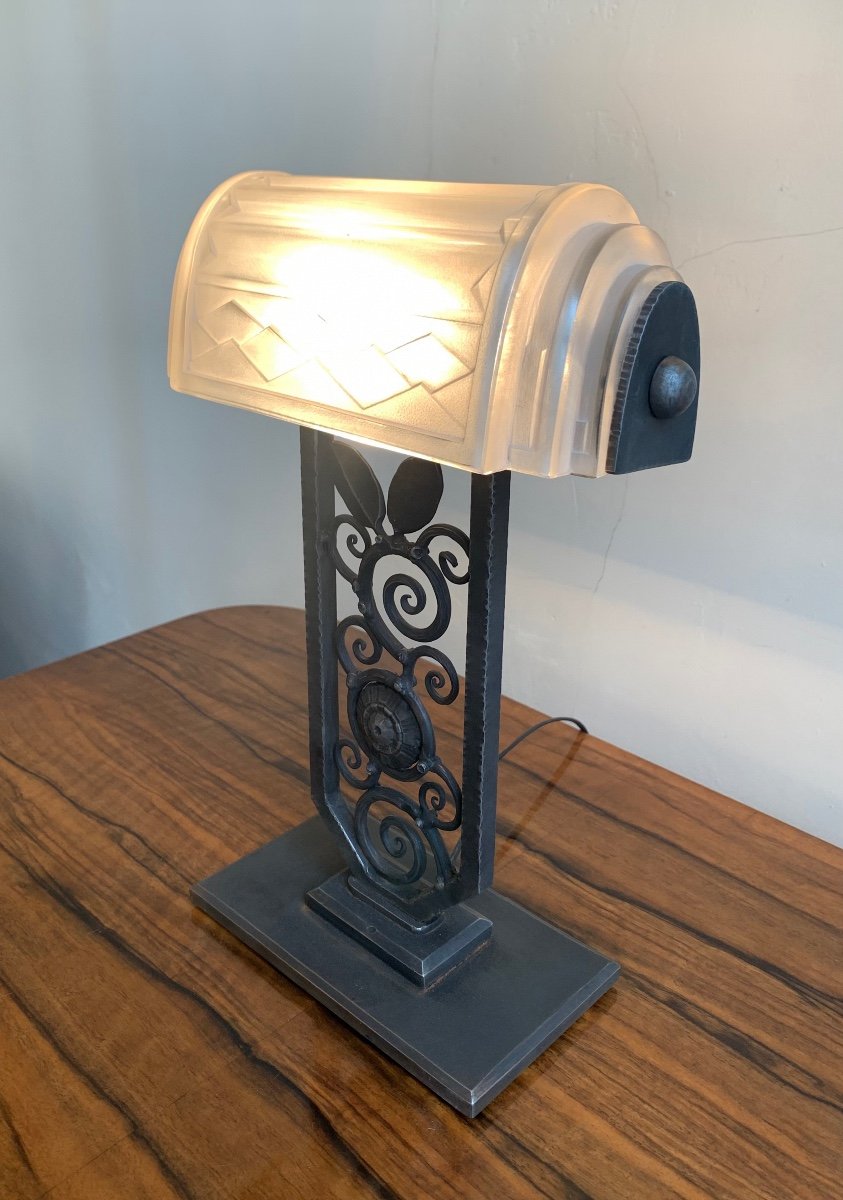 Rare Art Deco Wrought Iron Lamp Signed Ejg (art Deco Lamps 1930)-photo-2
