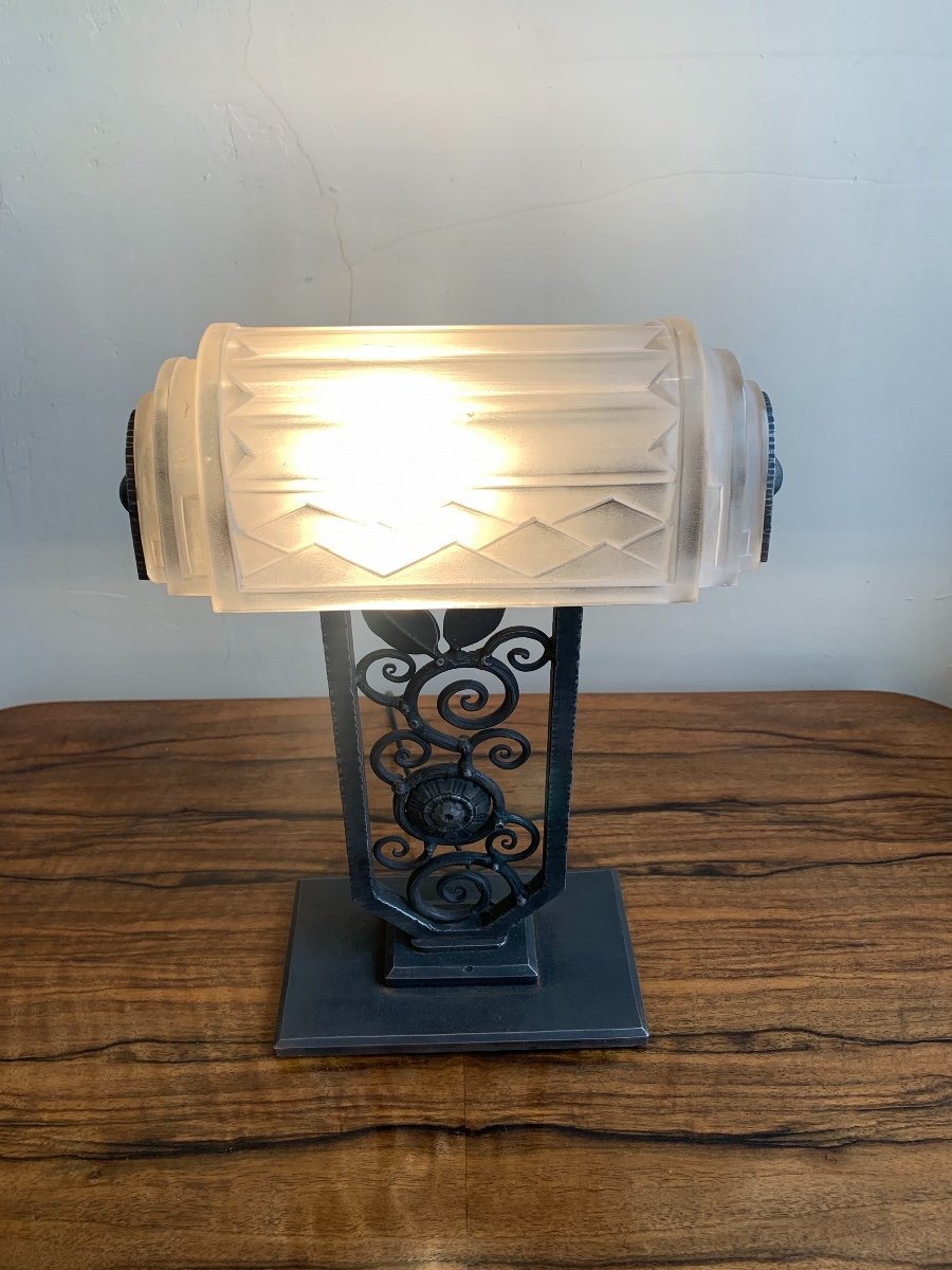 Rare Art Deco Wrought Iron Lamp Signed Ejg (art Deco Lamps 1930)-photo-3
