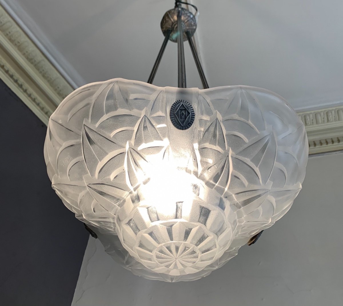 Superbe Suspension / Plafonnier Art Déco « trilobé » En Bronze Argenté Signé Degué ( 1930 ) -photo-2