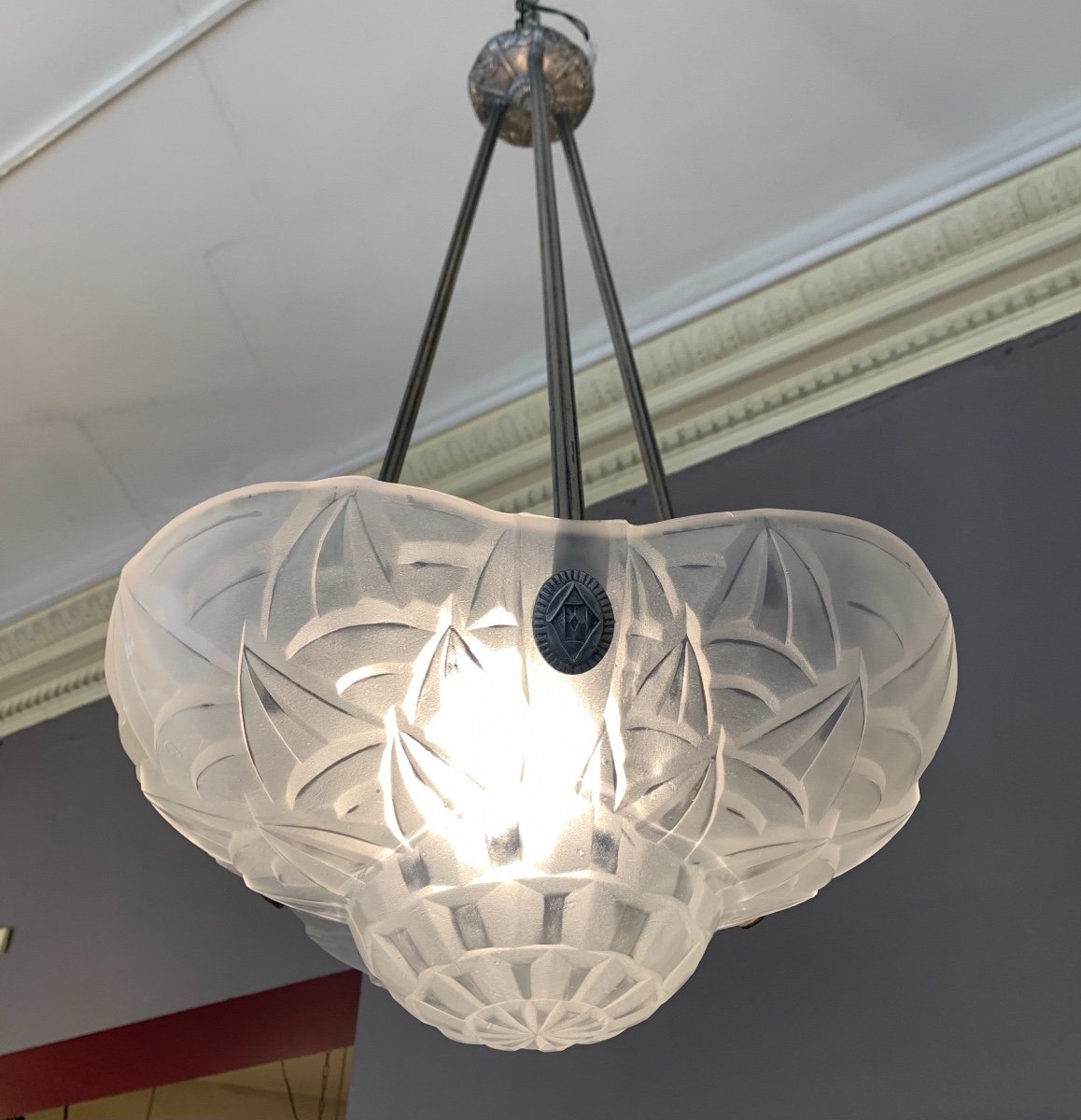 Superbe Suspension / Plafonnier Art Déco « trilobé » En Bronze Argenté Signé Degué ( 1930 ) -photo-3