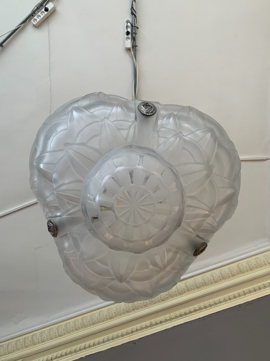 Superbe Suspension / Plafonnier Art Déco « trilobé » En Bronze Argenté Signé Degué ( 1930 ) -photo-6
