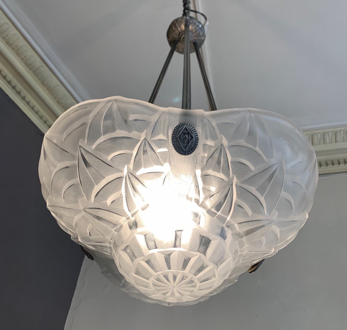 Superbe Suspension / Plafonnier Art Déco « trilobé » En Bronze Argenté Signé Degué ( 1930 ) -photo-2