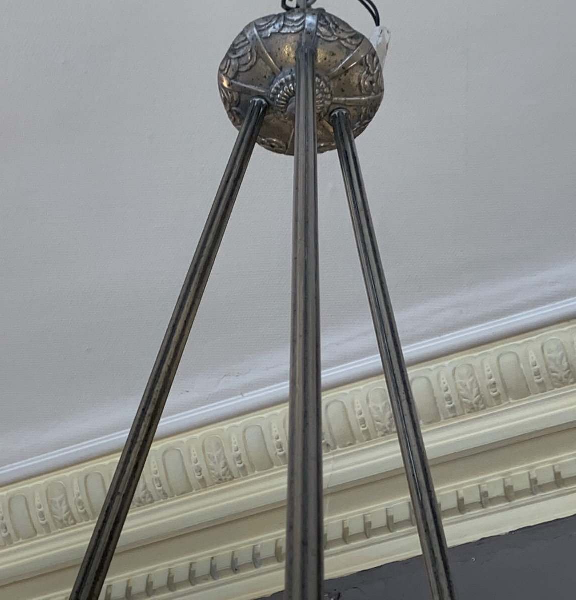 Superbe Suspension / Plafonnier Art Déco « trilobé » En Bronze Argenté Signé Degué ( 1930 ) -photo-4