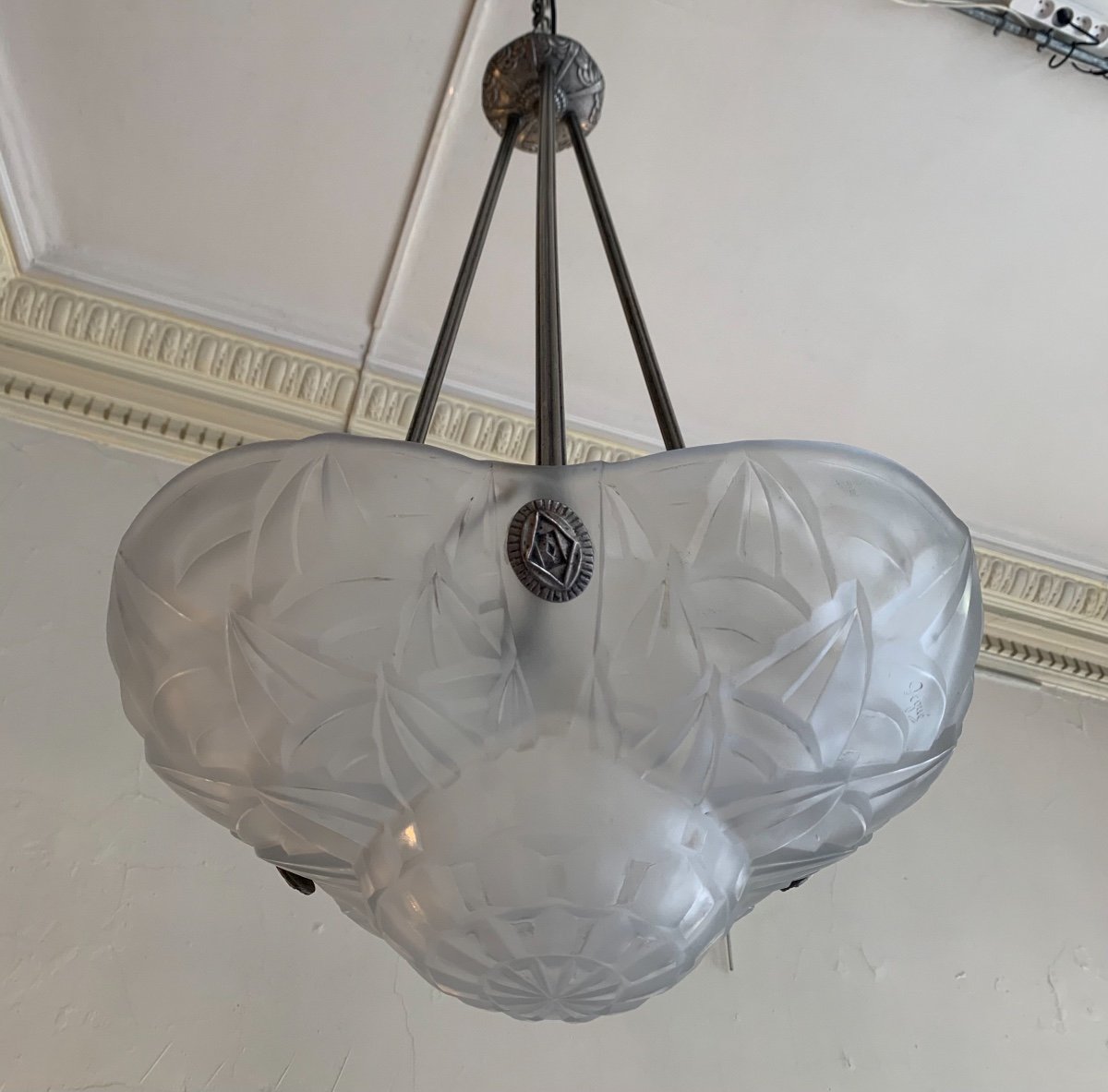 Superbe Suspension / Plafonnier Art Déco « trilobé » En Bronze Argenté Signé Degué ( 1930 ) -photo-8