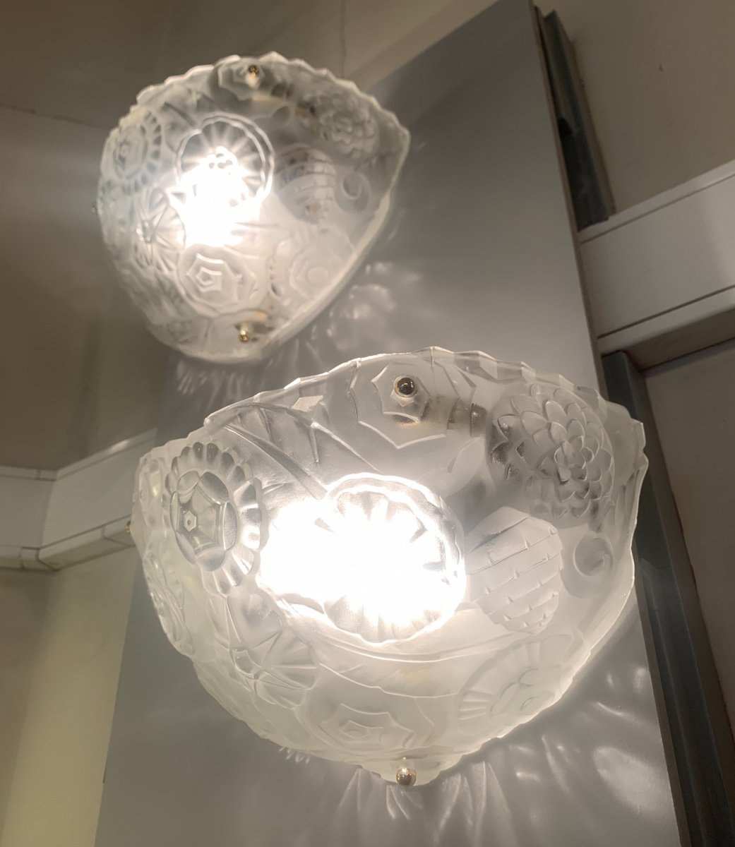 Exceptional Pair Of Art Deco Wall Lights Signed Sabino 4610 (art Deco Wall Lamp 1930)-photo-3
