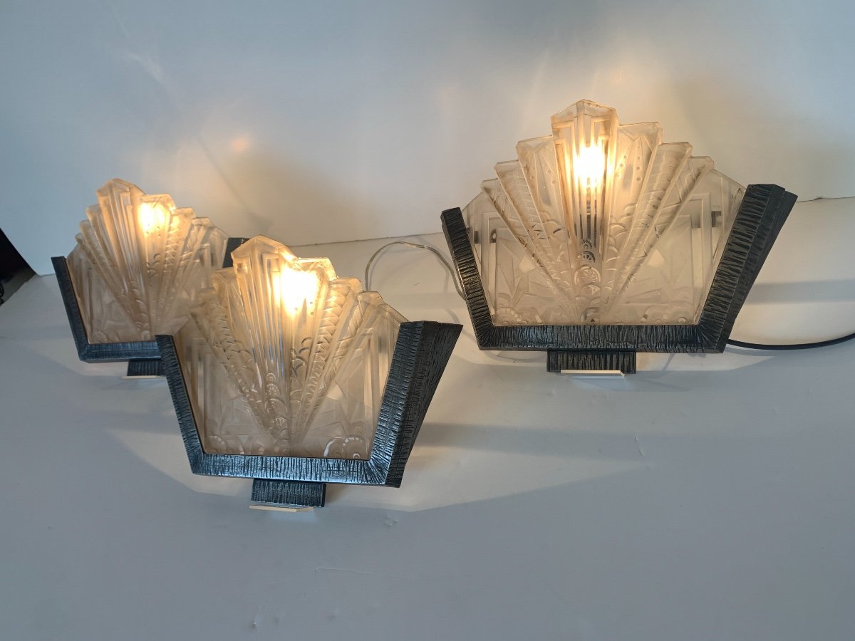 Set Of Three Art Deco Sconces Signed Müller Frères (art Deco Sconces 1930)-photo-2