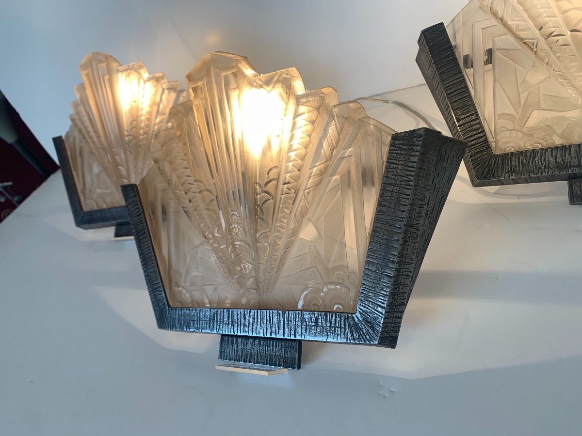 Set Of Three Art Deco Sconces Signed Müller Frères (art Deco Sconces 1930)-photo-1