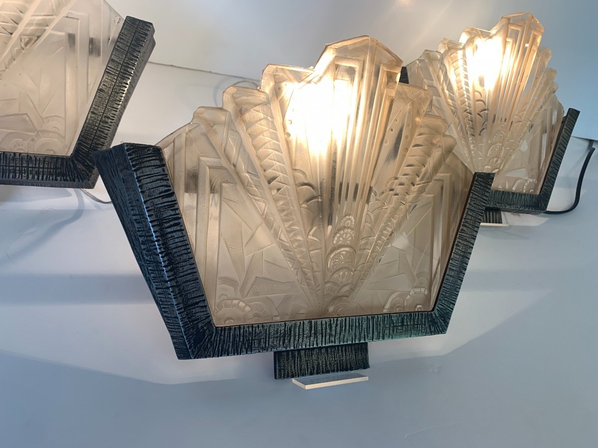 Set Of Three Art Deco Sconces Signed Müller Frères (art Deco Sconces 1930)-photo-2