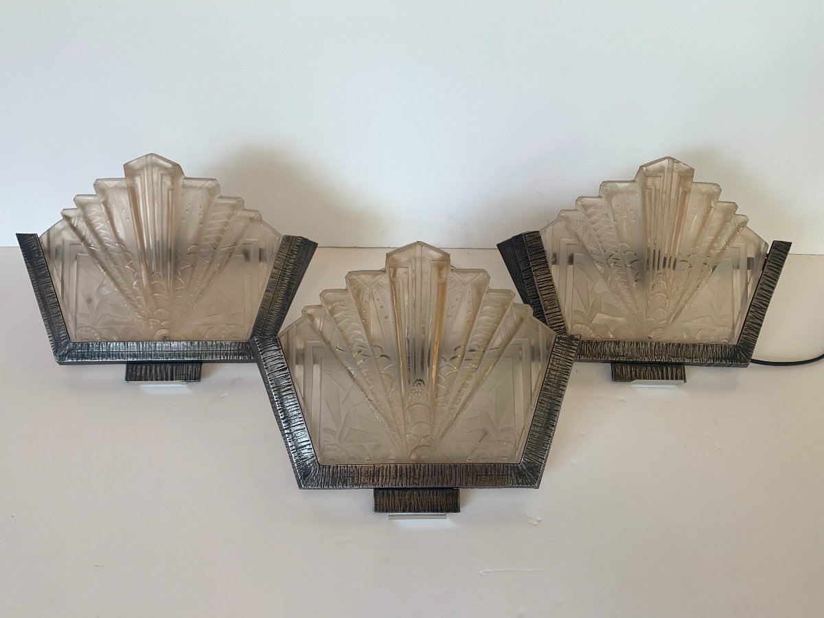 Set Of Three Art Deco Sconces Signed Müller Frères (art Deco Sconces 1930)-photo-4