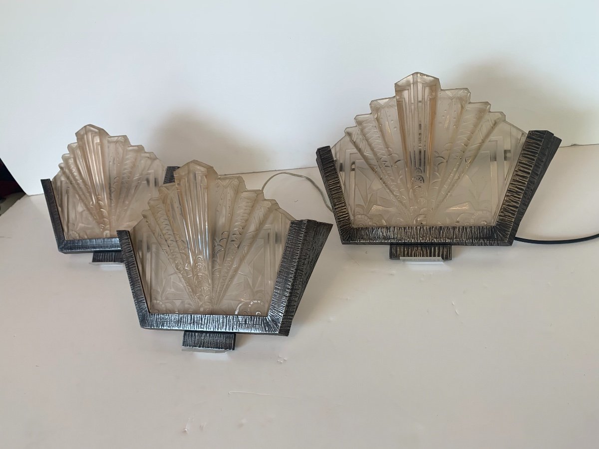 Set Of Three Art Deco Sconces Signed Müller Frères (art Deco Sconces 1930)-photo-5
