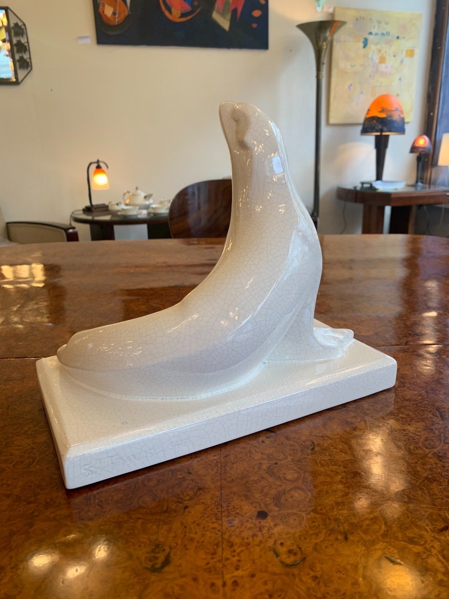 Art Deco Ceramic White Cracked Earthenware "sea Lion" Signed Saint Clément (art Deco 1930)-photo-1