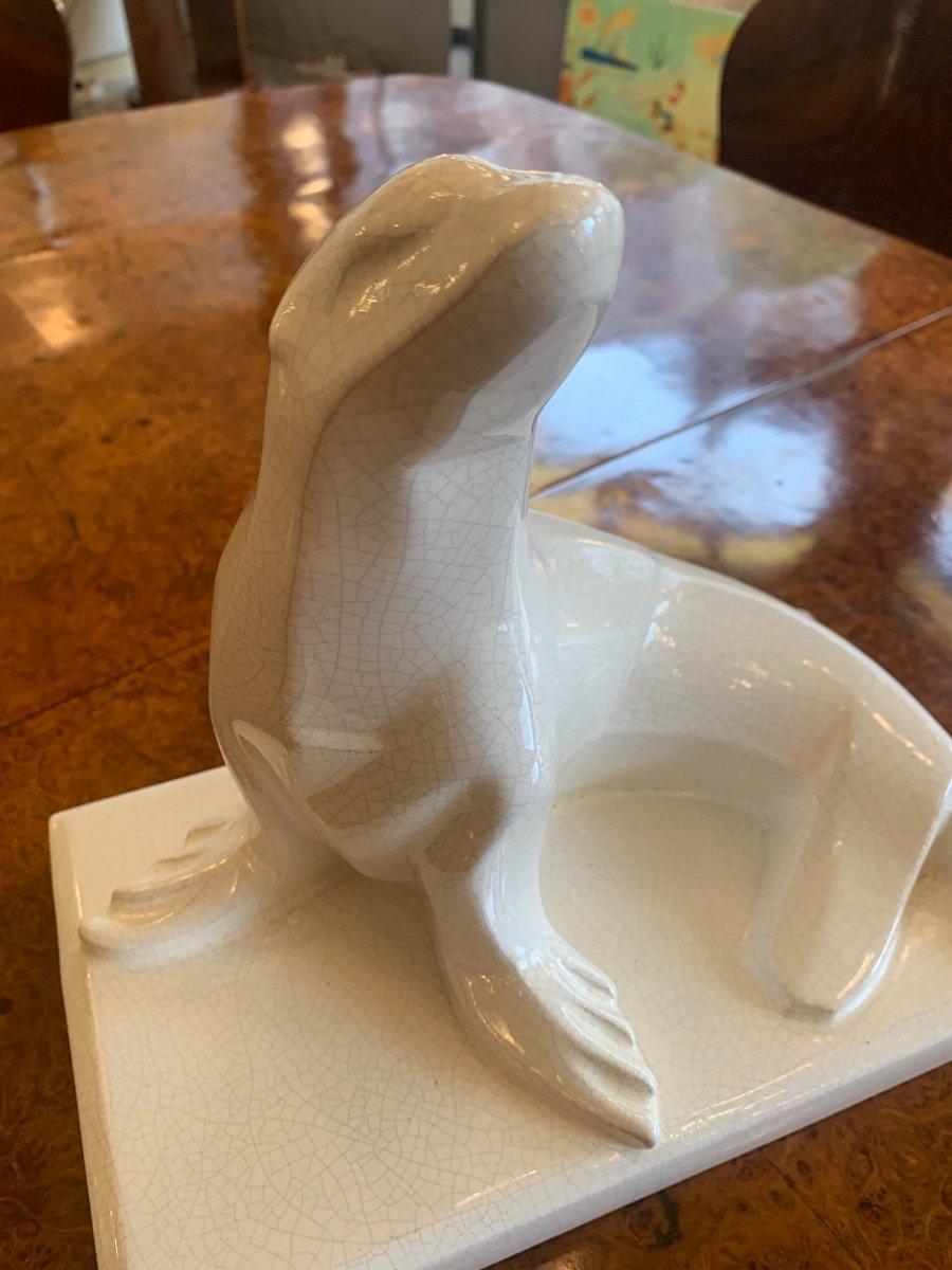 Art Deco Ceramic White Cracked Earthenware "sea Lion" Signed Saint Clément (art Deco 1930)-photo-2