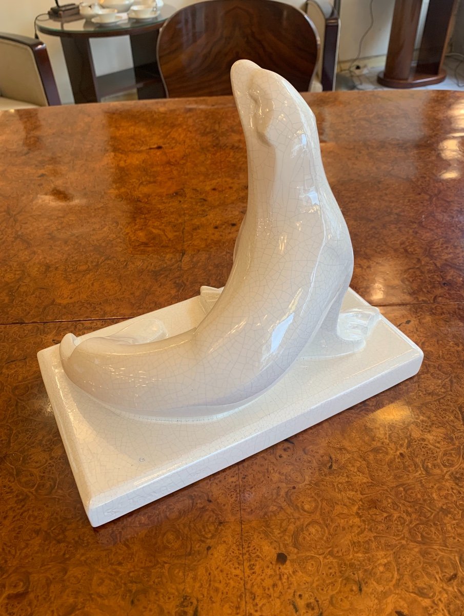 Art Deco Ceramic White Cracked Earthenware "sea Lion" Signed Saint Clément (art Deco 1930)-photo-4