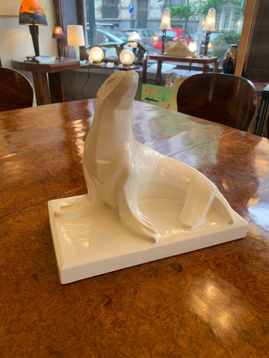 Art Deco Ceramic White Cracked Earthenware "sea Lion" Signed Saint Clément (art Deco 1930)-photo-5