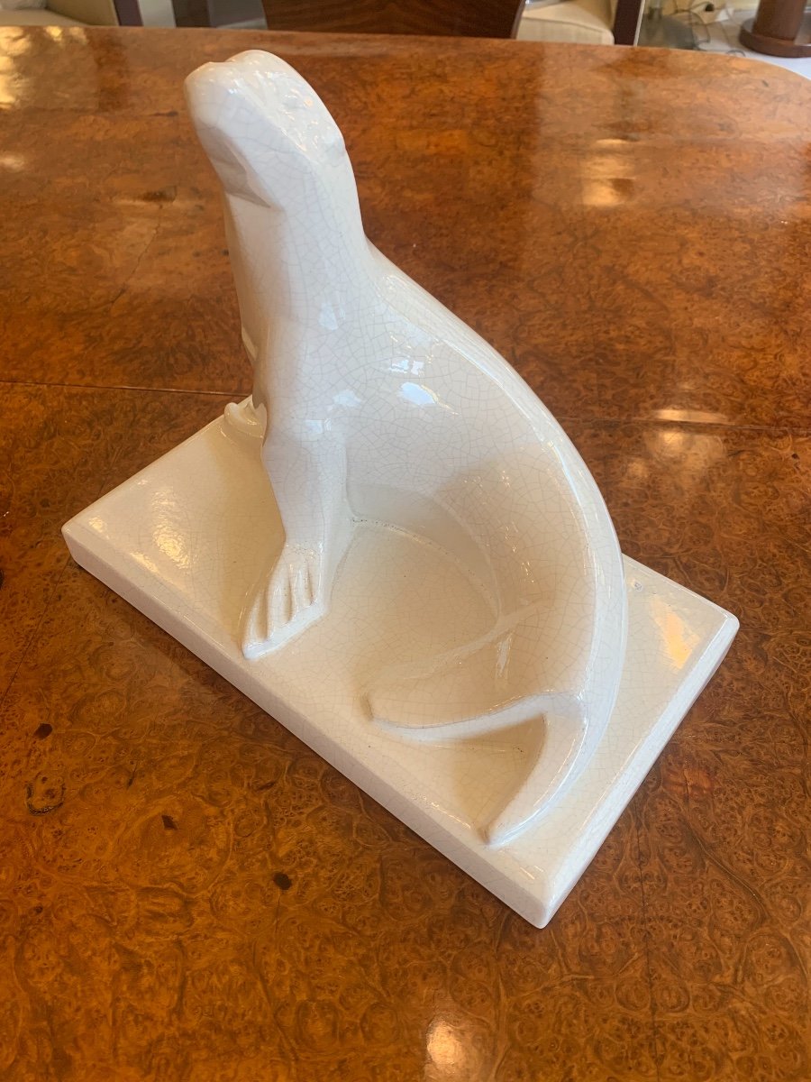 Art Deco Ceramic White Cracked Earthenware "sea Lion" Signed Saint Clément (art Deco 1930)-photo-7