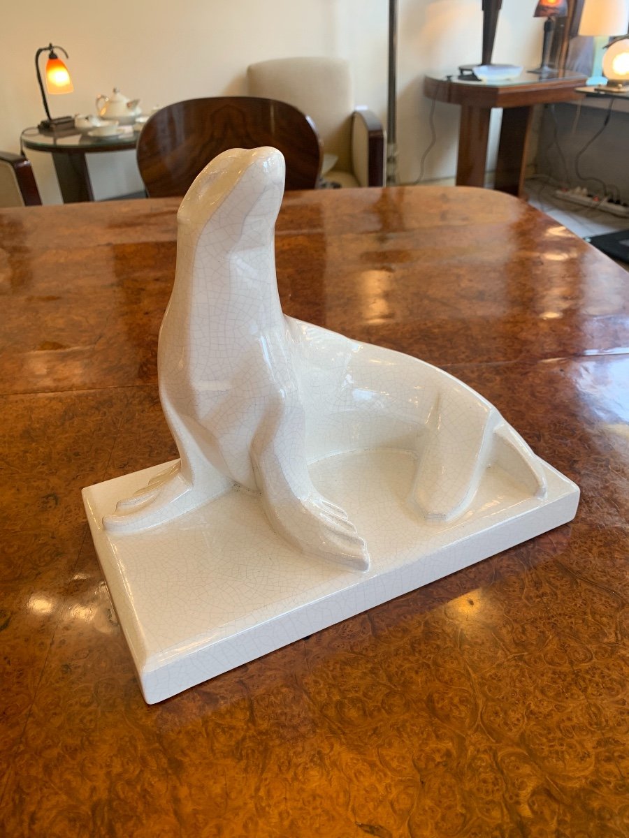 Art Deco Ceramic White Cracked Earthenware "sea Lion" Signed Saint Clément (art Deco 1930)