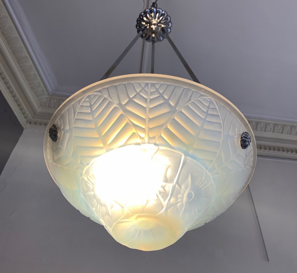 Art Deco Suspension / Ceiling Lamp In Opalescent Glass Signed Charles Ranc (art Deco Chandelier 1930)-photo-4