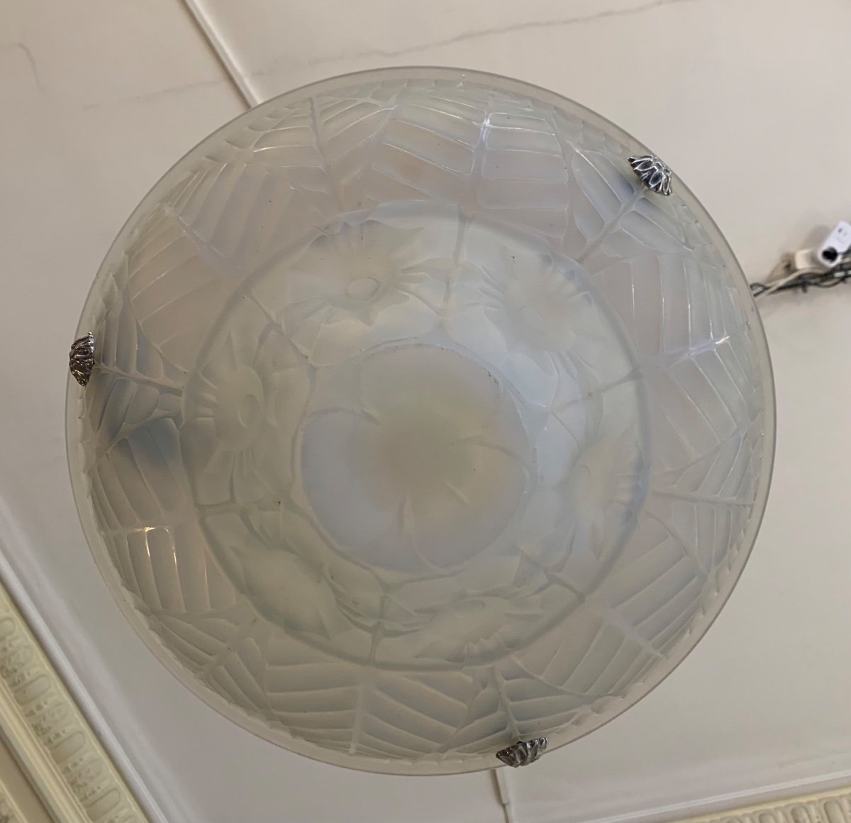 Art Deco Suspension / Ceiling Lamp In Opalescent Glass Signed Charles Ranc (art Deco Chandelier 1930)-photo-8