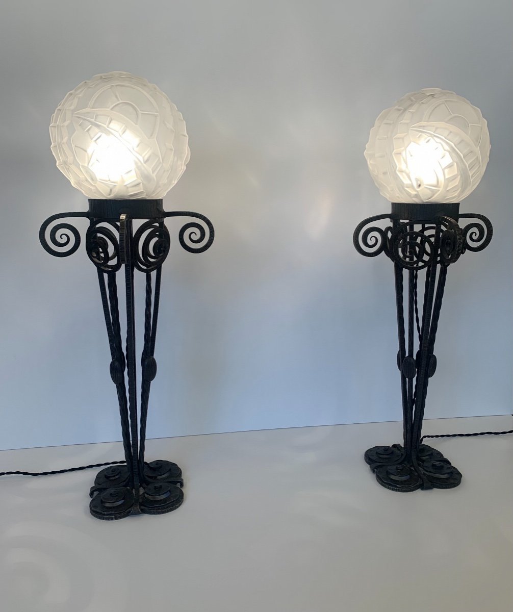 Rare And Important Pair Of Large Art Deco Degué Lamps (1930 Art Deco Wrought Iron Lamp)-photo-3