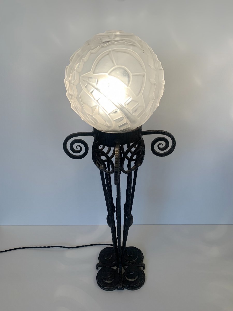 Rare And Important Pair Of Large Art Deco Degué Lamps (1930 Art Deco Wrought Iron Lamp)-photo-1