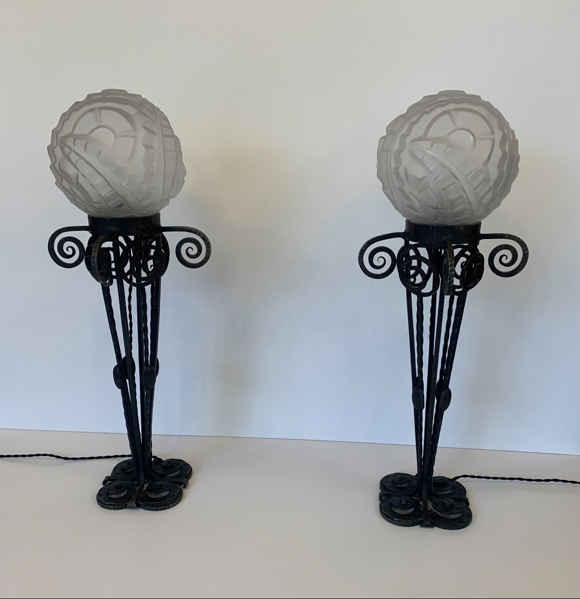 Rare And Important Pair Of Large Art Deco Degué Lamps (1930 Art Deco Wrought Iron Lamp)-photo-7