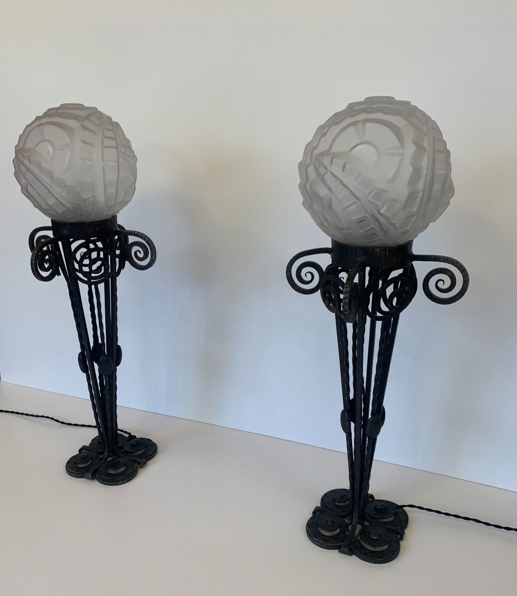 Rare And Important Pair Of Large Art Deco Degué Lamps (1930 Art Deco Wrought Iron Lamp)-photo-8