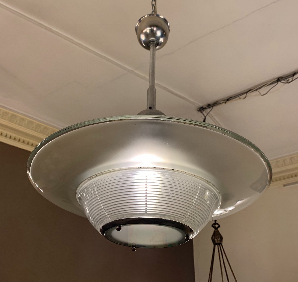 Modernist Art Deco Chandelier / Suspension Signed Holophane 7179 (art Deco Chandeliers 1930 - 1940)-photo-3
