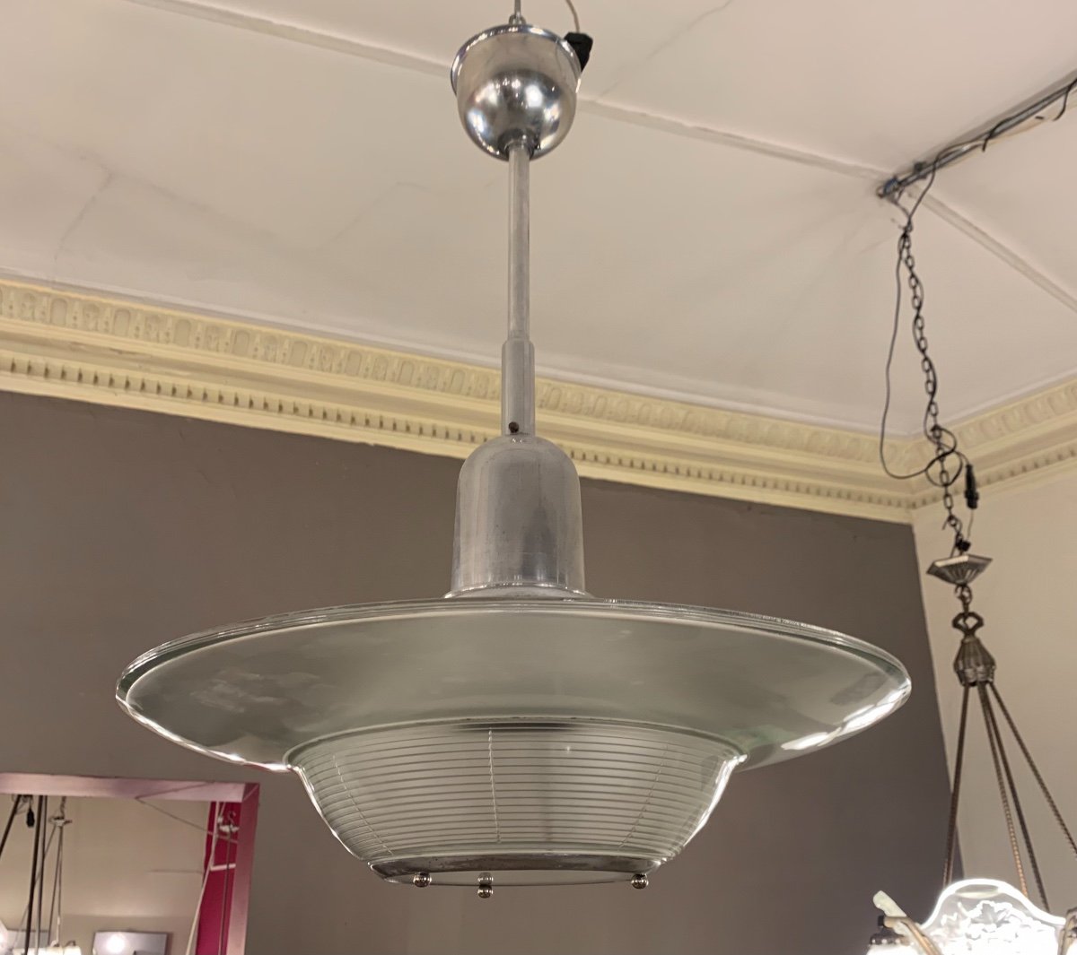 Modernist Art Deco Chandelier / Suspension Signed Holophane 7179 (art Deco Chandeliers 1930 - 1940)-photo-6