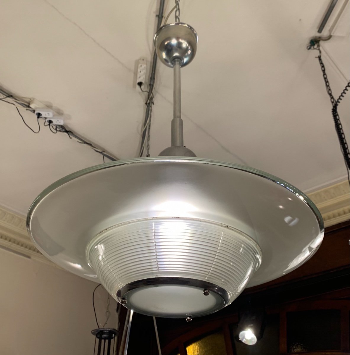 Modernist Art Deco Chandelier / Suspension Signed Holophane 7179 (art Deco Chandeliers 1930 - 1940)