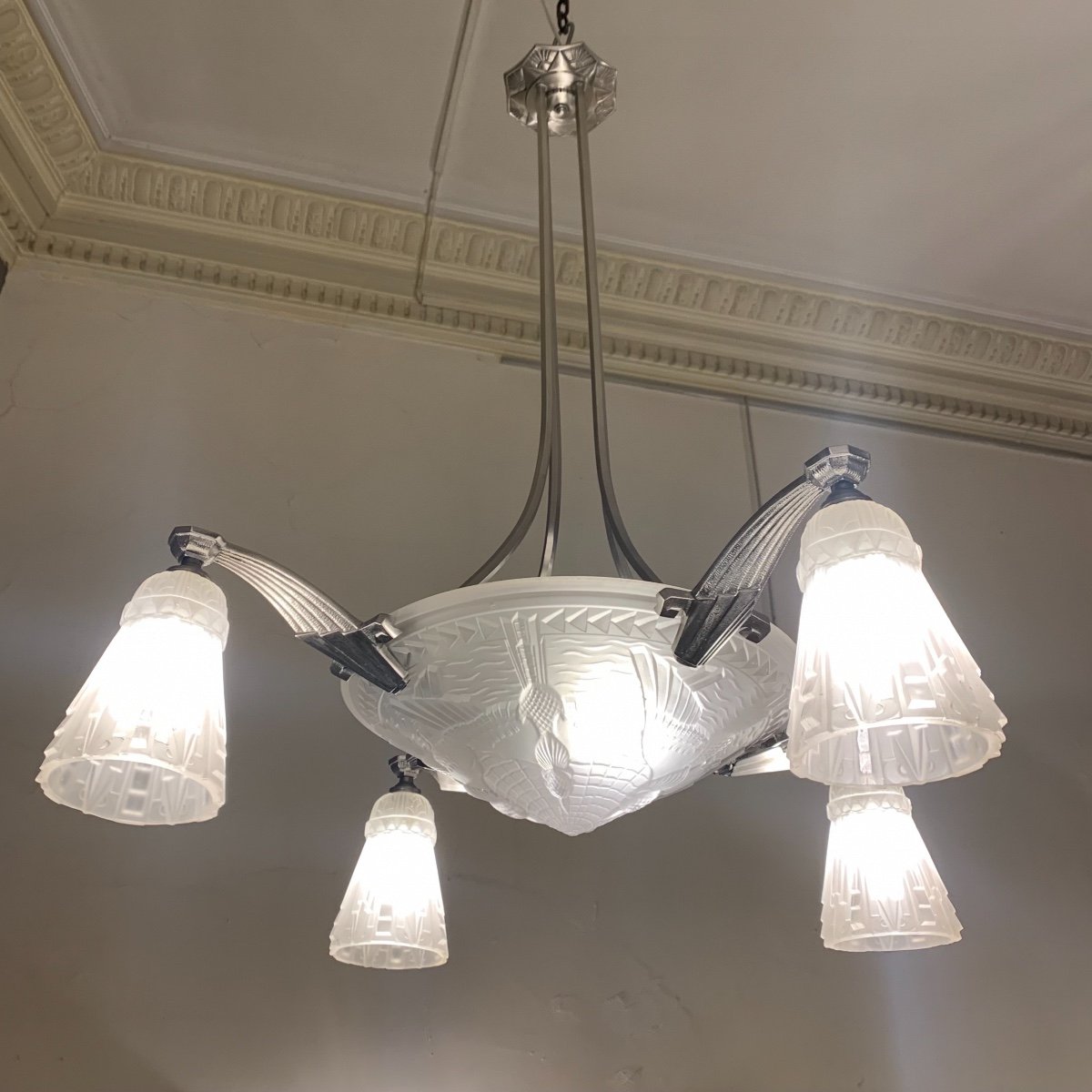 Superb Art Deco Chandelier Signed Establishments Viarme (art Deco Suspension 1930)