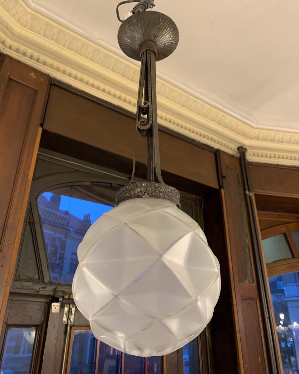 Art Deco Suspension / Ceiling Lamp "diamond Point Ball" Degué (art Deco Chandelier 1930)-photo-6