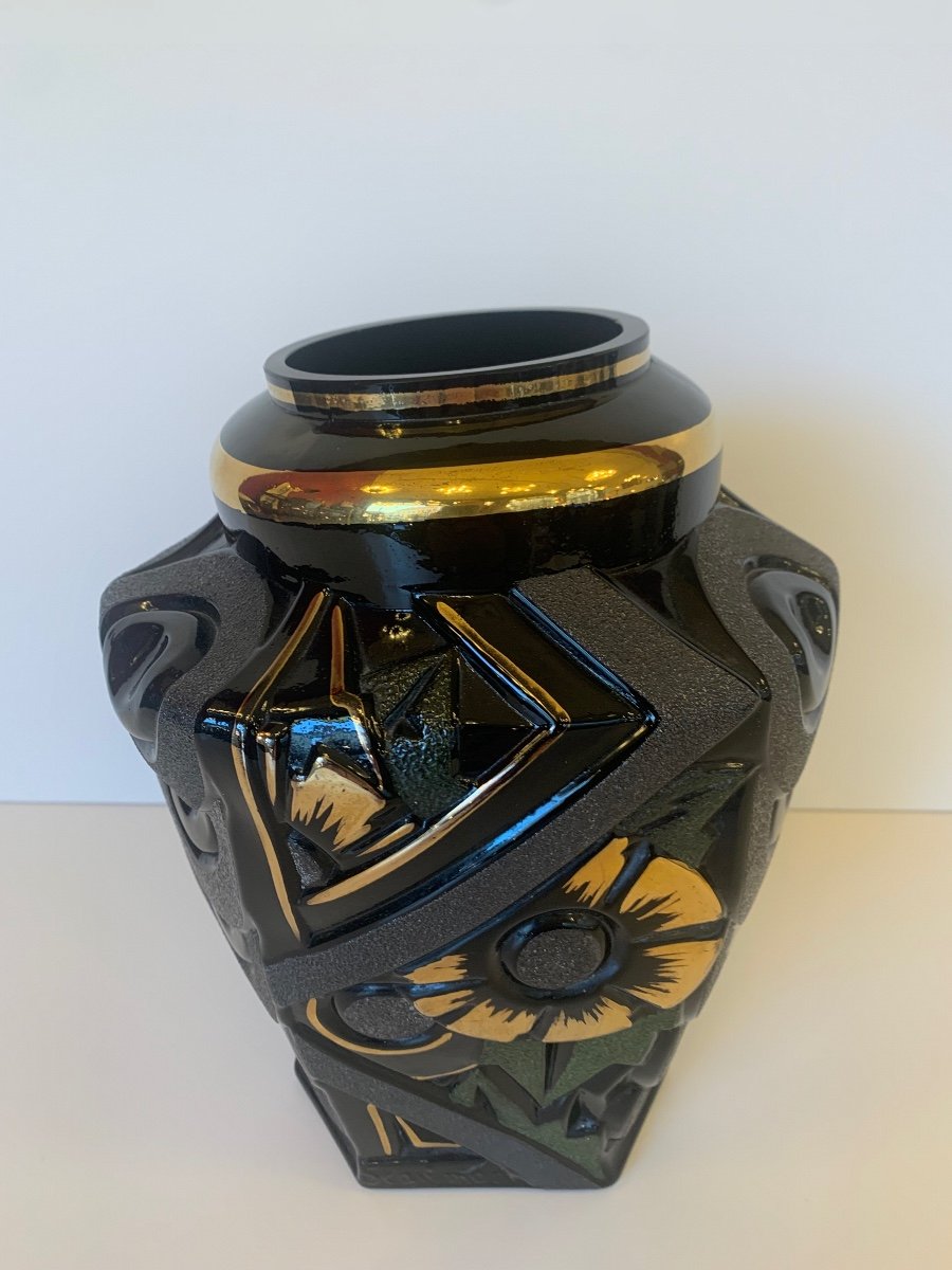 Splendid Art Deco Henri Heemskerk Vase In Black Hyalite Glass Signed (art Deco Vases 1930)-photo-2