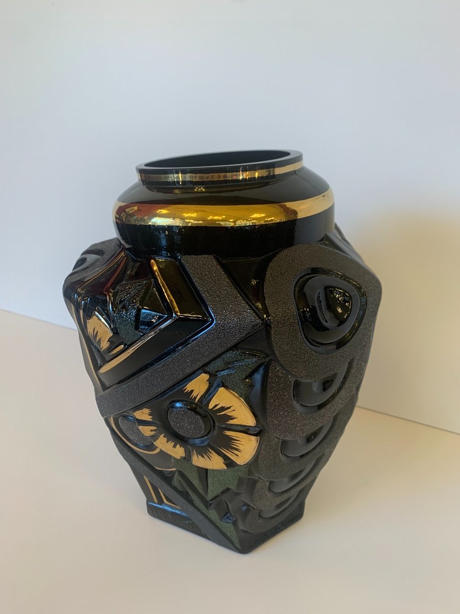 Splendid Art Deco Henri Heemskerk Vase In Black Hyalite Glass Signed (art Deco Vases 1930)-photo-3