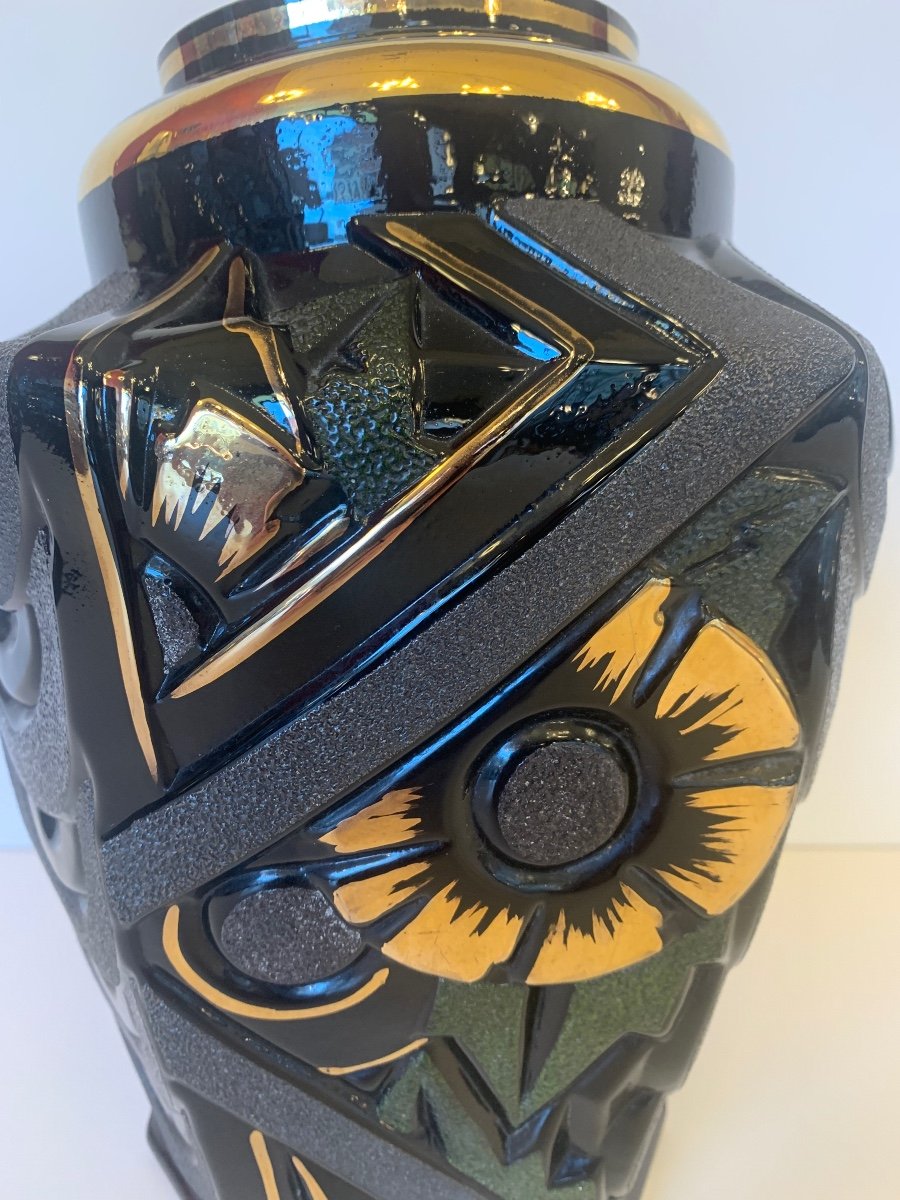 Splendid Art Deco Henri Heemskerk Vase In Black Hyalite Glass Signed (art Deco Vases 1930)-photo-3